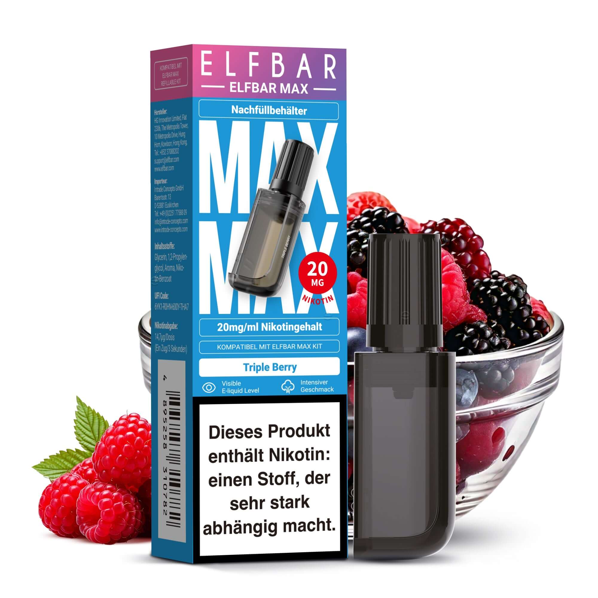 Elfbar Max Nachfüllbehälter mit 10 ml Triple Berry Nikotinsalz-Liquid, ideal für intensives Dampferlebnis.
